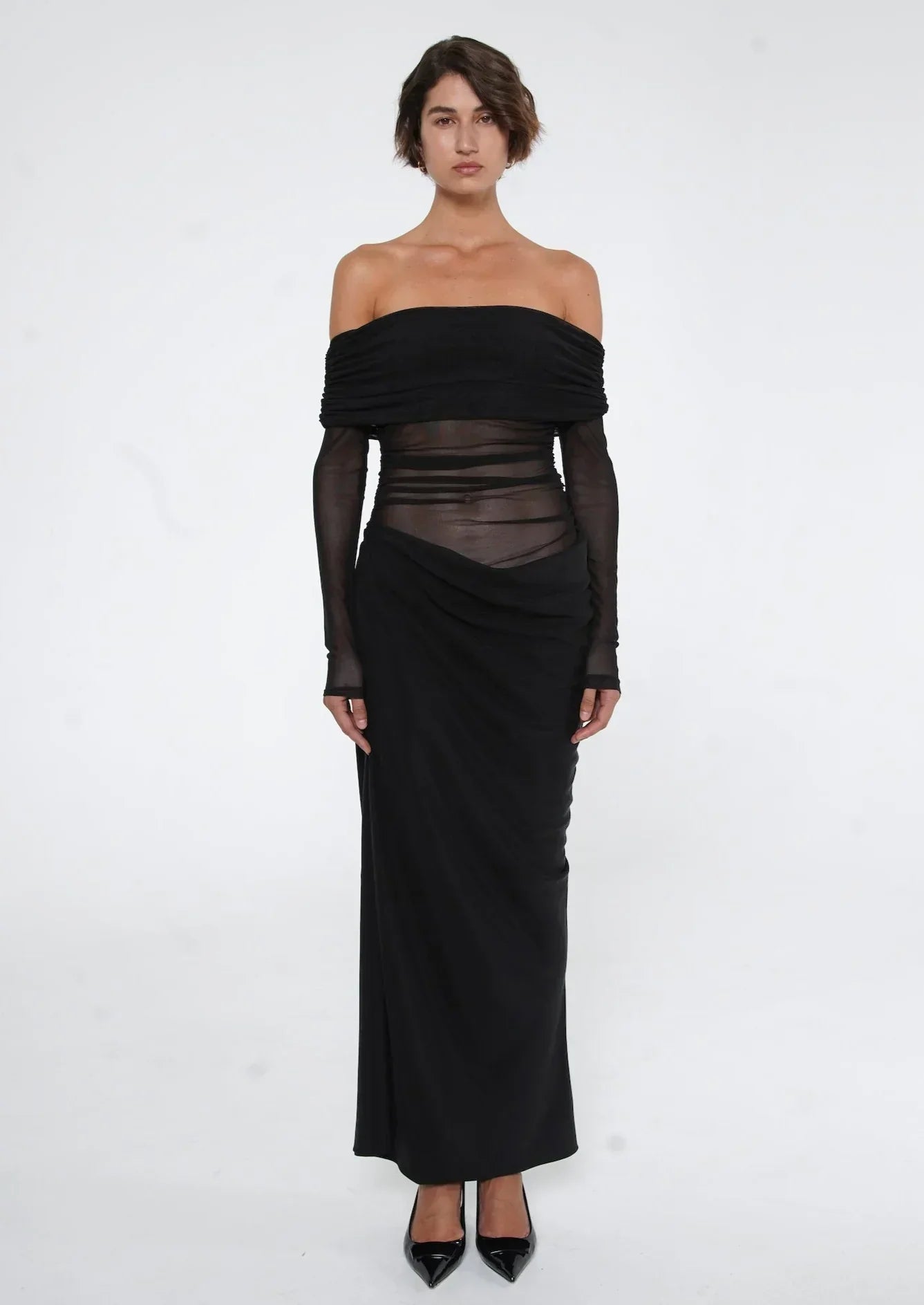 Women's Off Shoulder Maxi Dress - Long Sleeve Mesh Cutout Waist with Ruched Skirt - Formal Evening Wear