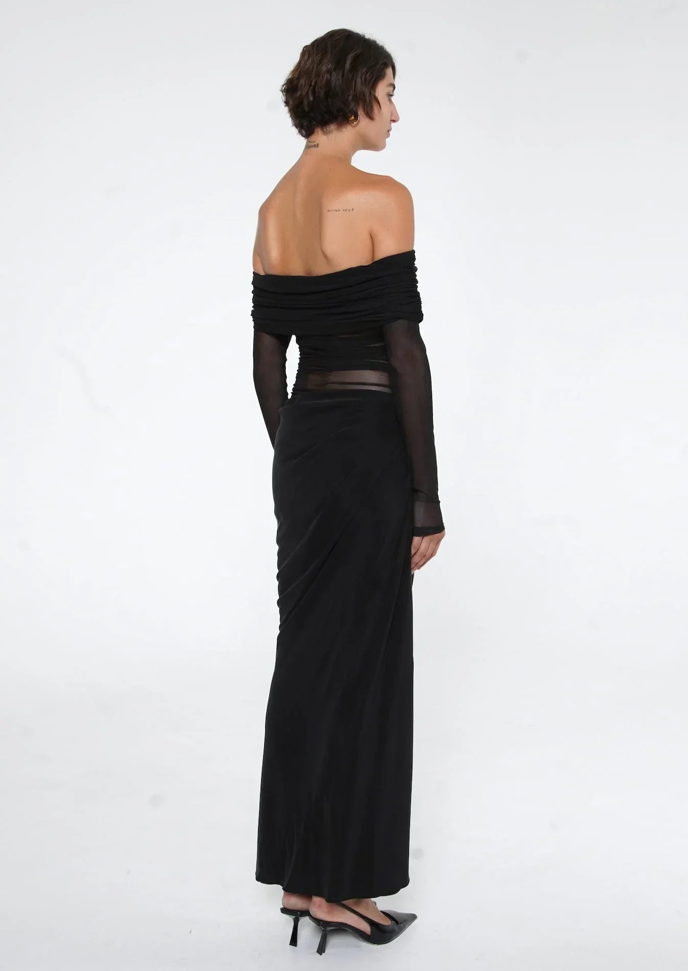 Women's Off Shoulder Maxi Dress - Long Sleeve Mesh Cutout Waist with Ruched Skirt - Formal Evening Wear