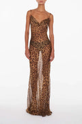 Women's Leopard Print Sheer Spaghetti Strap Tie Back Maxi Dress