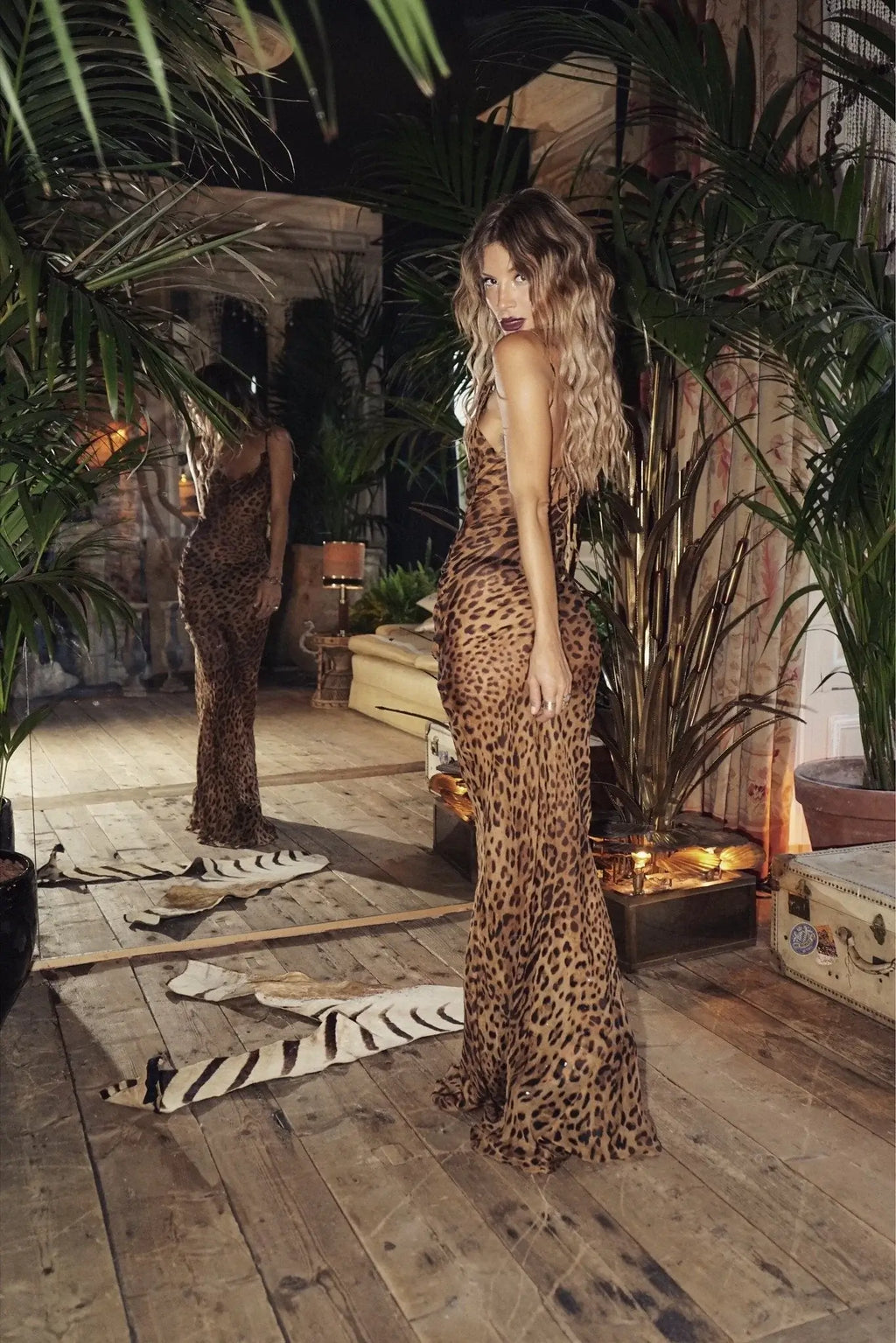 Women's Leopard Print Sheer Spaghetti Strap Tie Back Maxi Dress