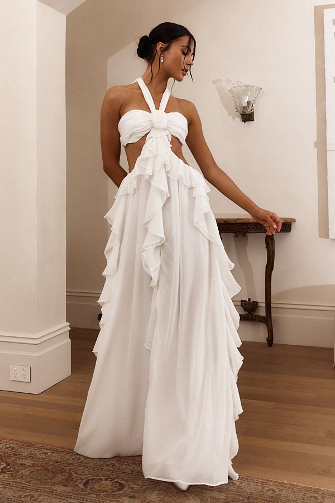 Women's Halter Neck Cut-Out Ruffled Tiered Maxi Dress