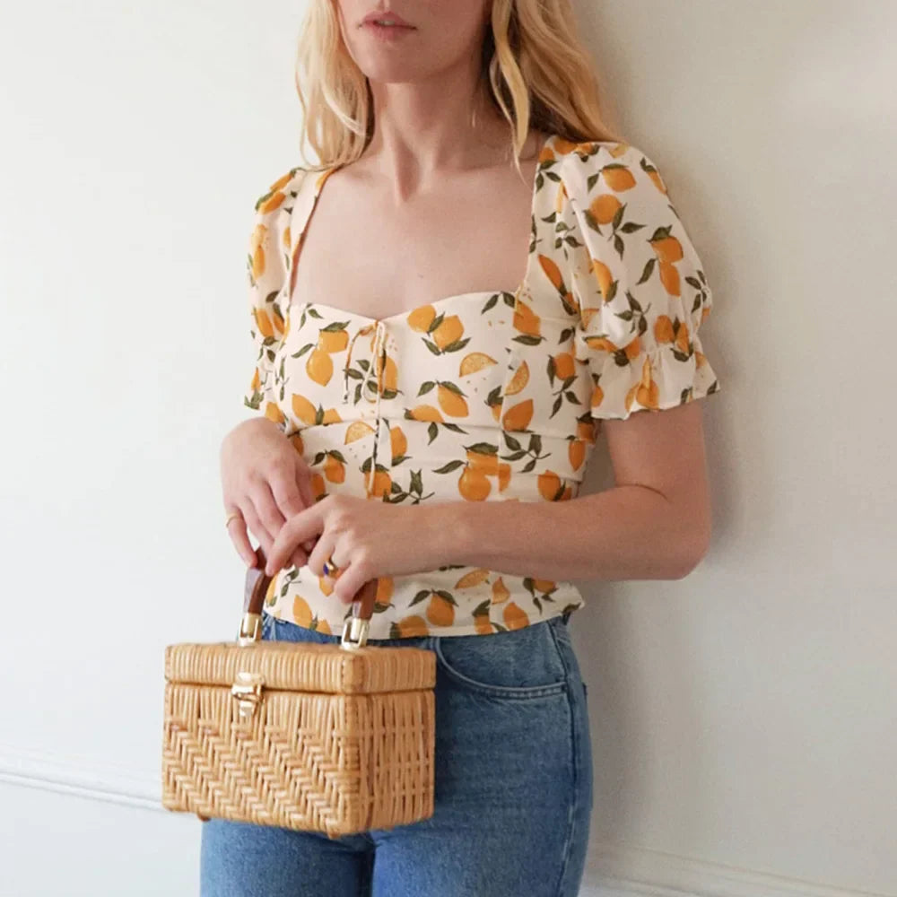 Women’s Square Neck Blouse with Puff Sleeves and Tie Front Detail Floral Top