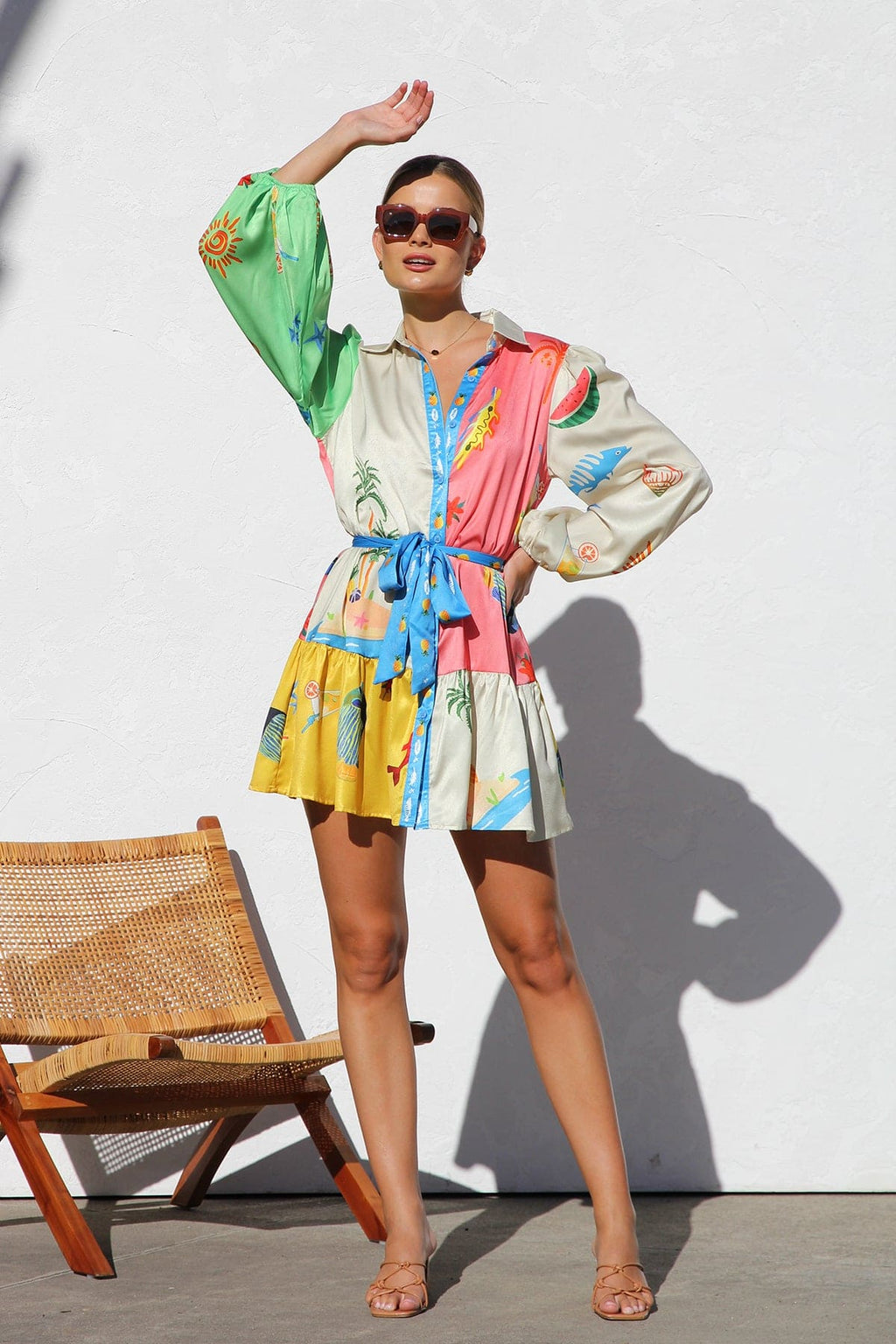 Women's Colorblock Print Button Down Collared Long Sleeve Mini Dress