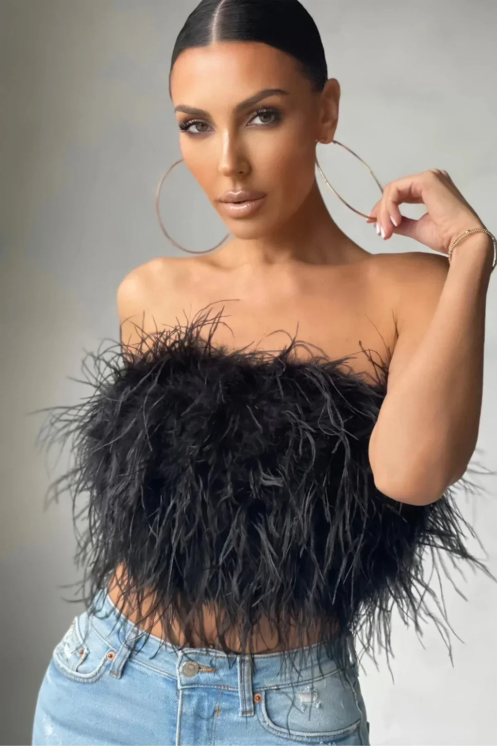 Women's Feather Strapless Cropped Bandeau Top