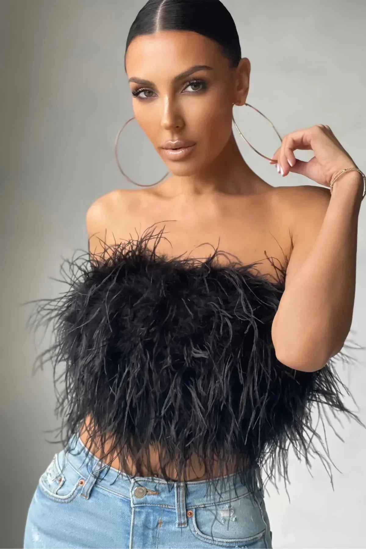 Women's Feather Strapless Cropped Bandeau Top