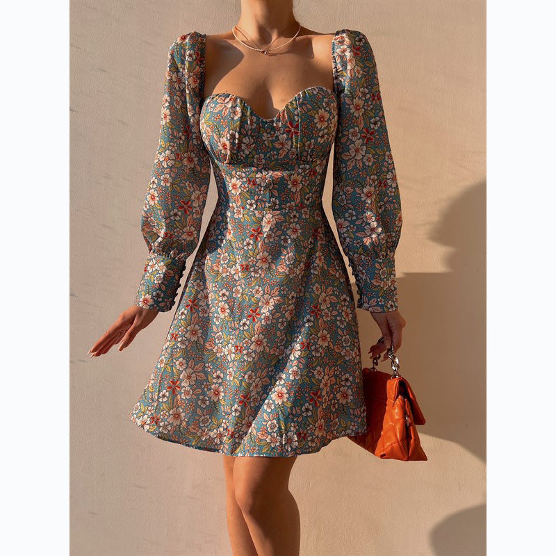 Women's Floral Print Sweetheart Neckline Puff Sleeve Mini Dress