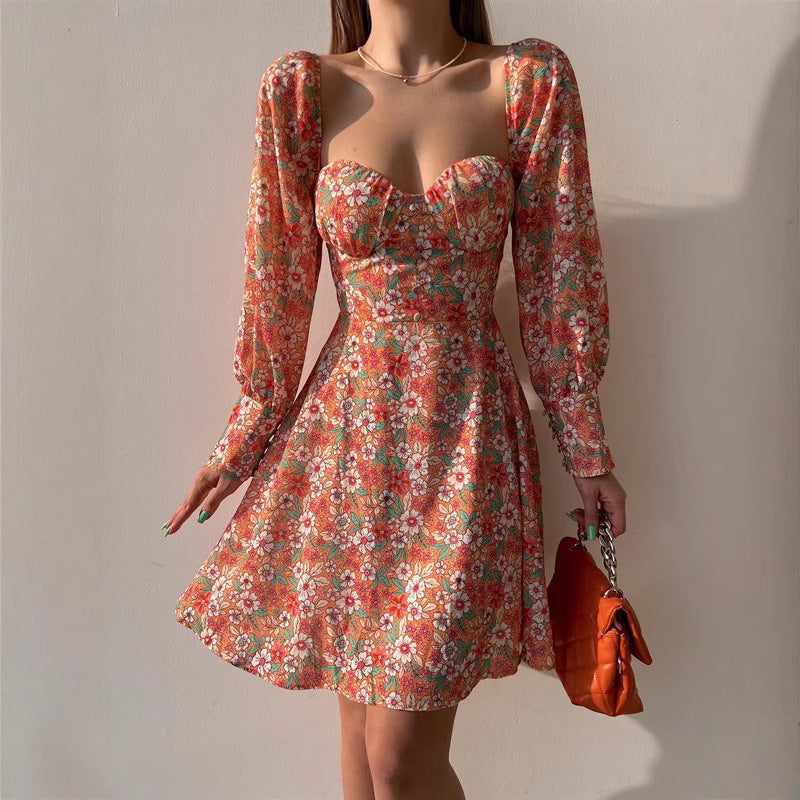 Women's Floral Print Sweetheart Neckline Puff Sleeve Mini Dress