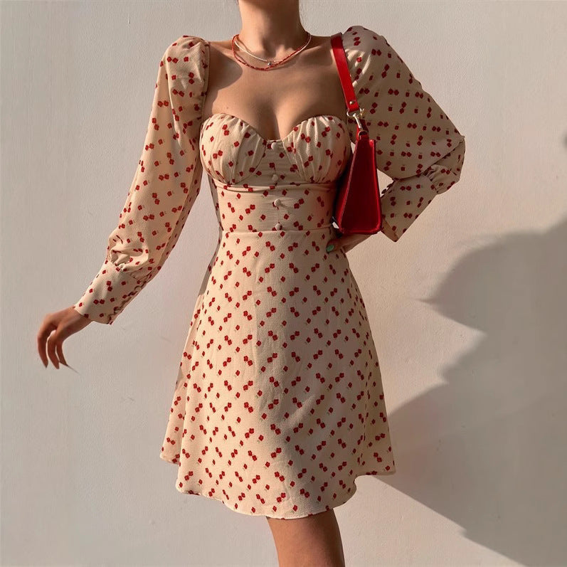 Women's Floral Print Sweetheart Neckline Puff Sleeve Mini Dress
