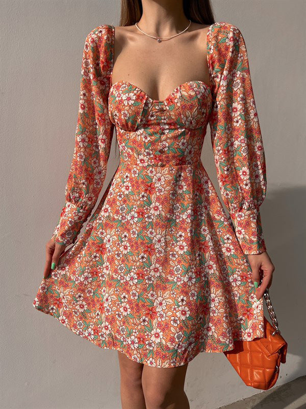 Women's Floral Print Sweetheart Neckline Puff Sleeve Mini Dress