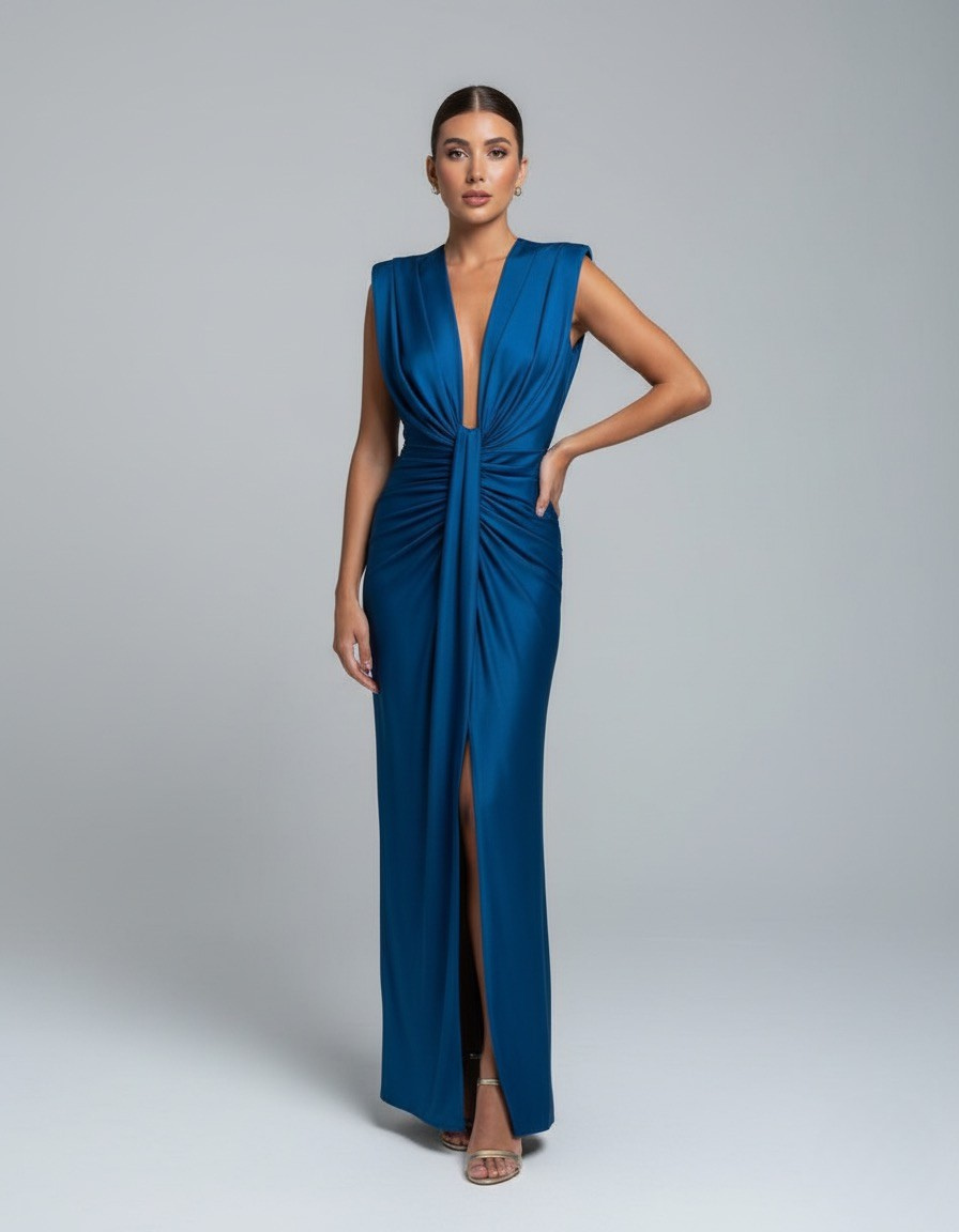 Women’s Sleeveless Maxi Dress with Deep V Neckline and Front Slit