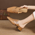 Women's Square Toe Block Heel Leather Mules with Cutout Strap
