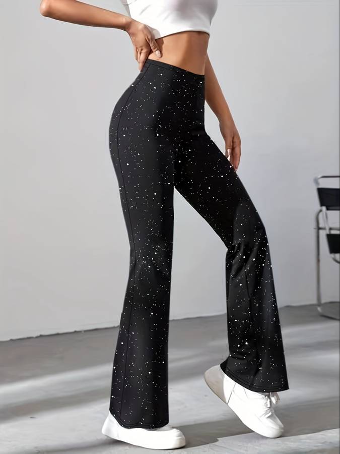 Women's High Waisted Glitter Wide Leg Flare Trousers