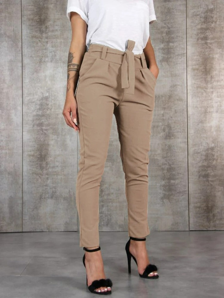 Women's High Waisted Belted Tapered Ankle Length Trousers