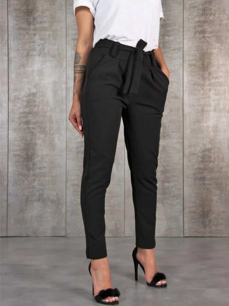 Women's High Waisted Belted Tapered Ankle Length Trousers