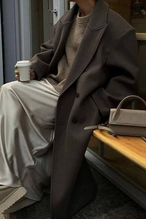 Women’s Oversized Double-Breasted Long Coat with Notched Lapel
