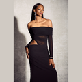 Women's Off Shoulder Maxi Dress - Long Sleeve Mesh Cutout Waist with Ruched Skirt - Formal Evening Wear
