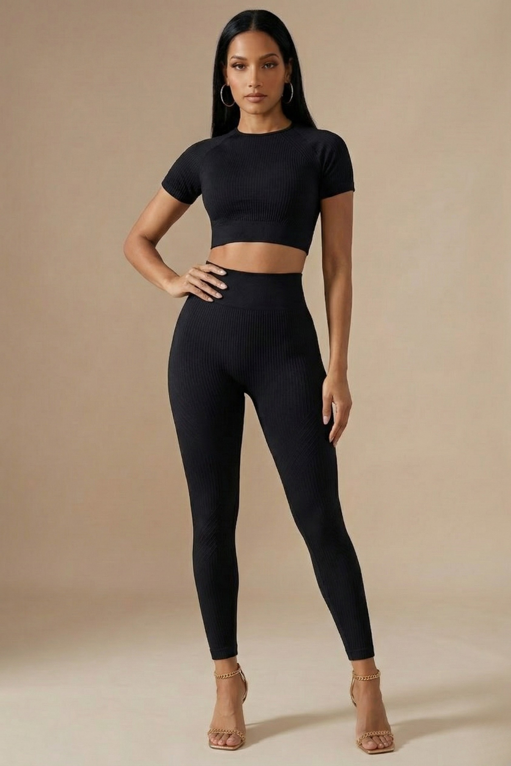Women Two Piece Yoga Set - Short Sleeve Crop Top - High Waist Leggings