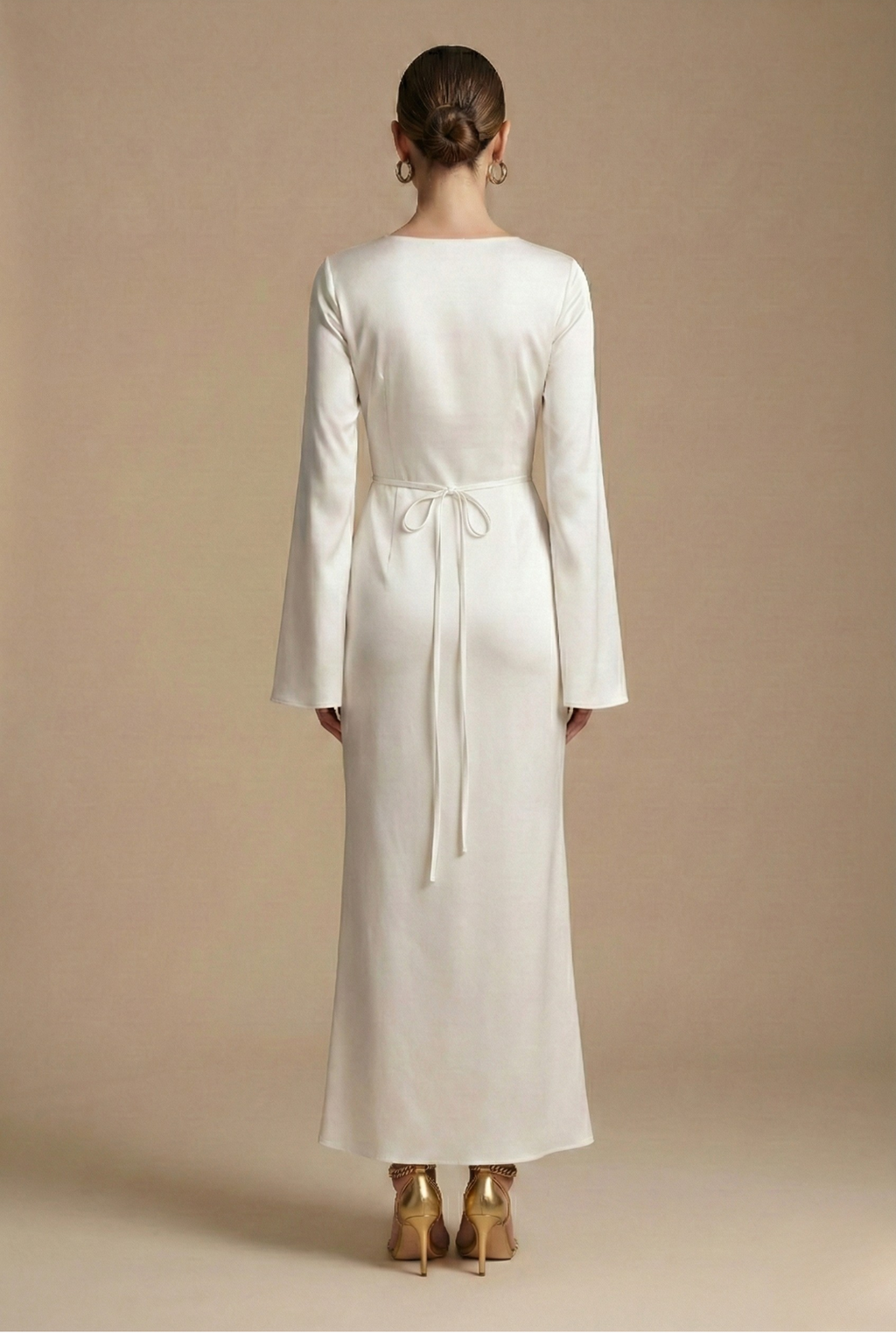Women’s Long Sleeve Maxi Dress with Round Neck and Tie Waist