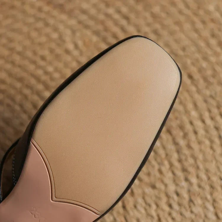 Women's Square Toe Block Heel Leather Mules with Cutout Strap