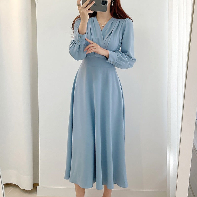 Women's V Neck Puff Sleeve A Line Midi Dress - Long Sleeve
