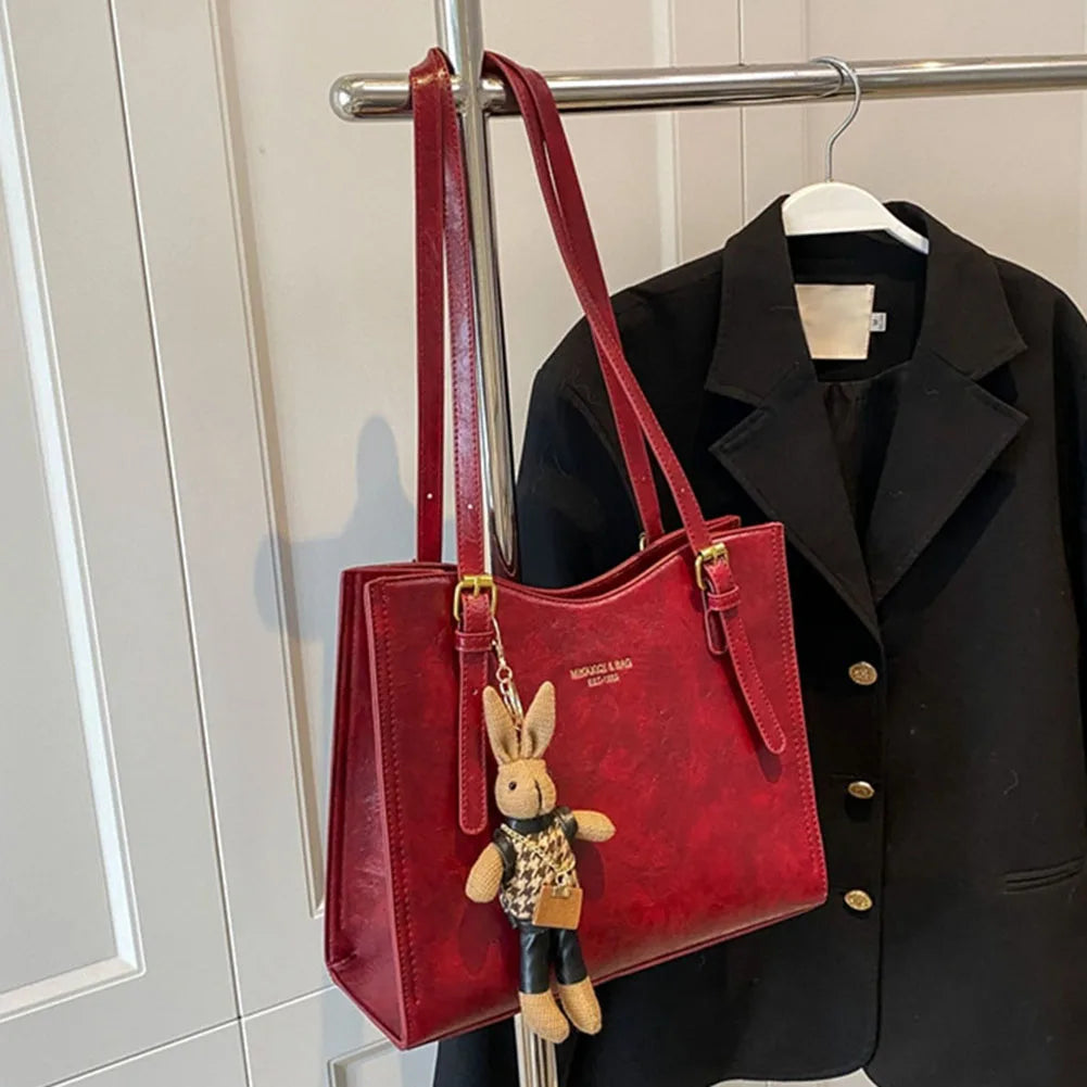 Women's Structured Shoulder Tote Bag - Buckle Strap Detail with Bunny Charm and Gold-Tone Hardware