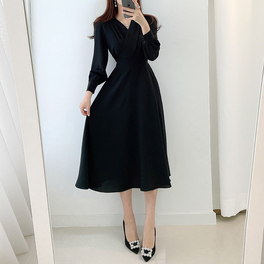 Women's V Neck Puff Sleeve A Line Midi Dress - Long Sleeve