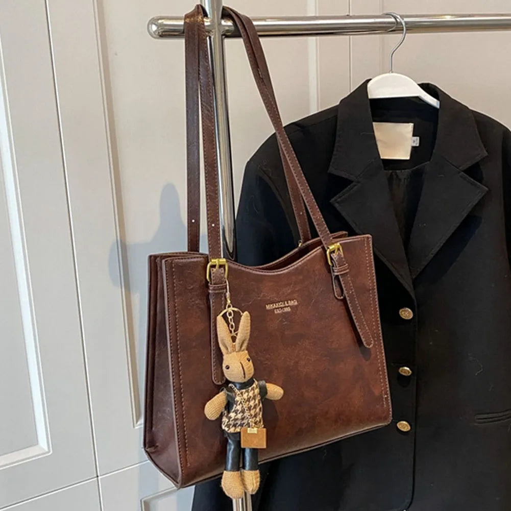 Women's Structured Shoulder Tote Bag - Buckle Strap Detail with Bunny Charm and Gold-Tone Hardware