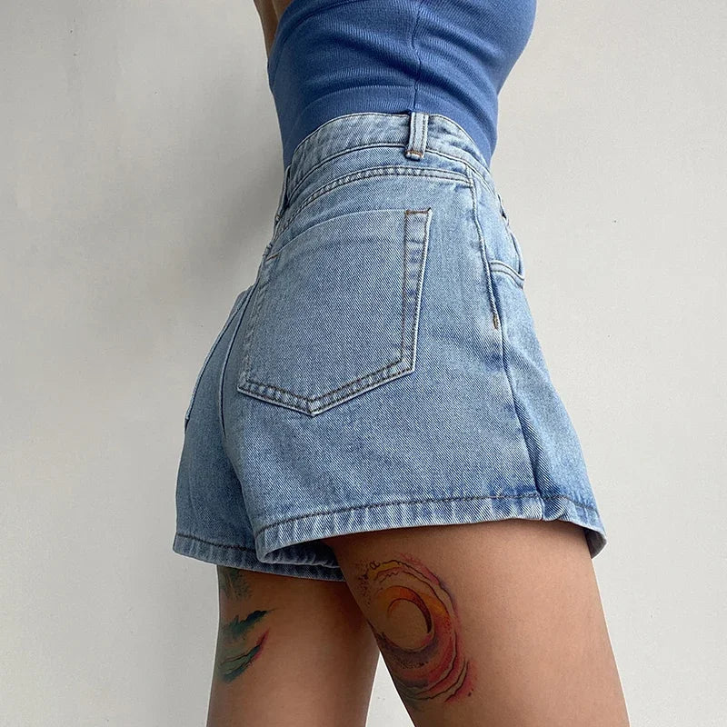 Women's High Waist Denim Skort with Asymmetric Wrap Front