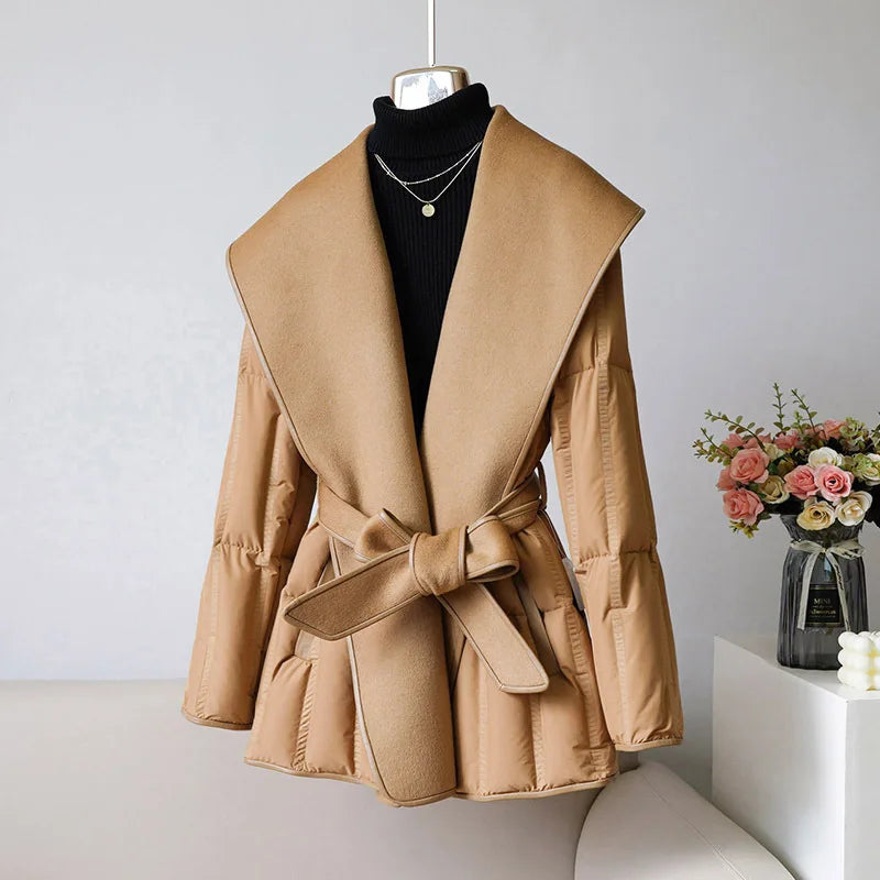 Women’s Belted Winter Down Jacket with Oversized Shawl Collar