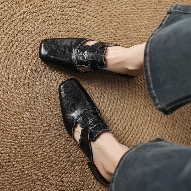 Women's Square Toe Block Heel Leather Mules with Cutout Strap