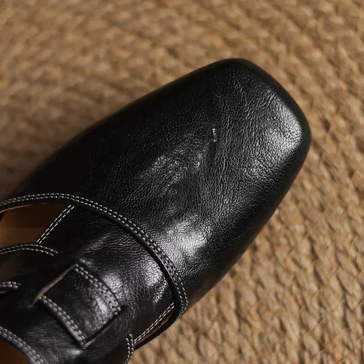 Women's Square Toe Block Heel Leather Mules with Cutout Strap