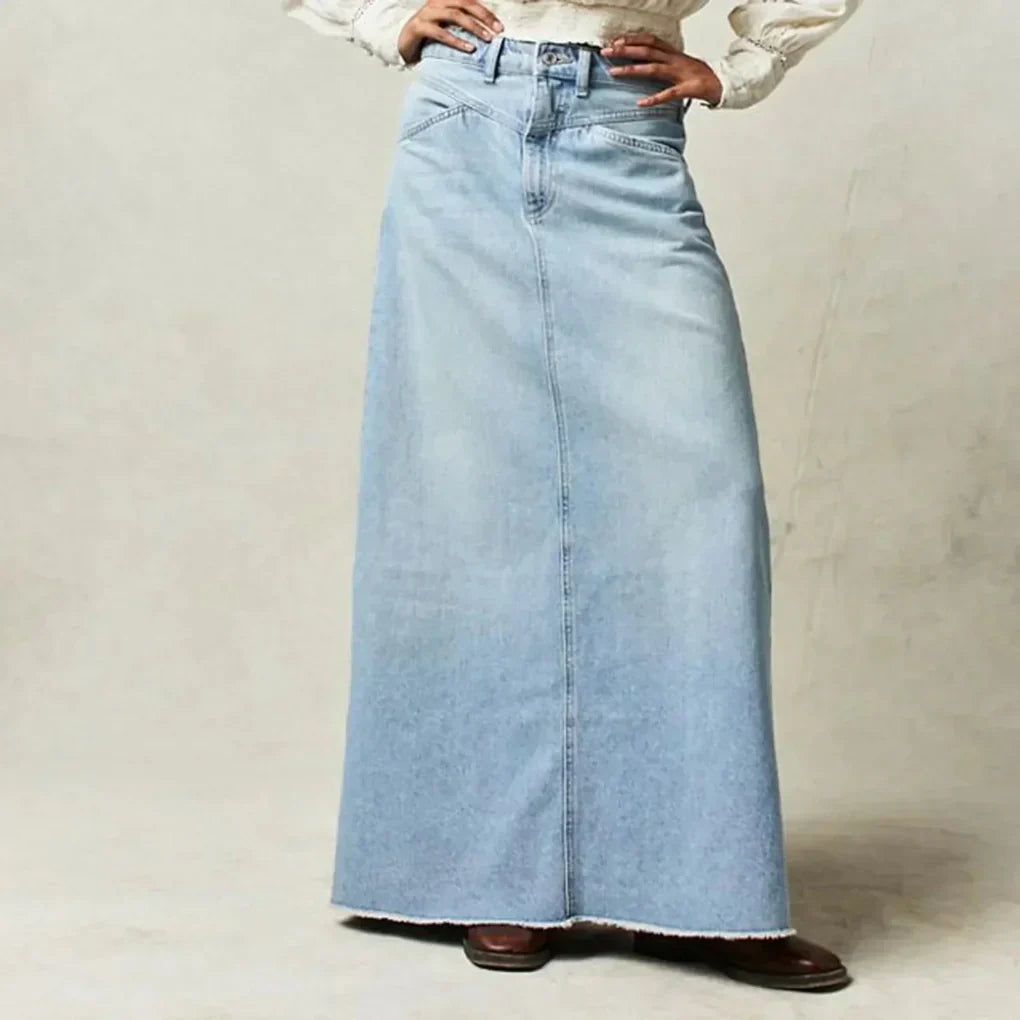 Women's High Waist Straight Denim Maxi Skirt with Raw Hem