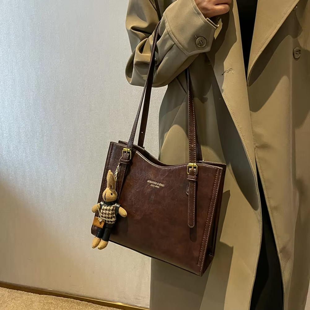 Women's Structured Shoulder Tote Bag - Buckle Strap Detail with Bunny Charm and Gold-Tone Hardware