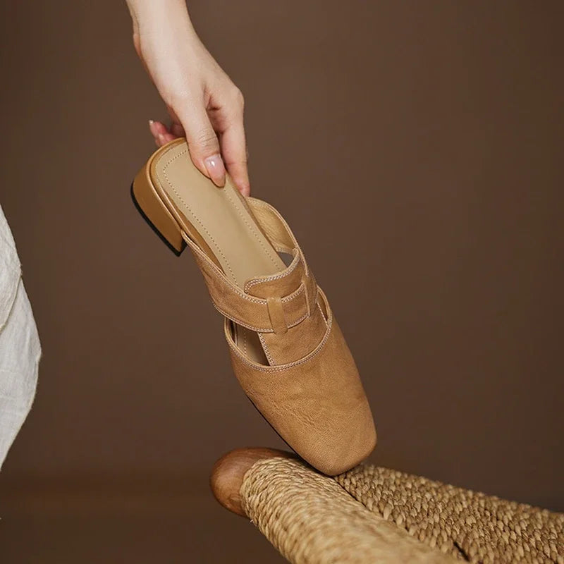 Women's Square Toe Block Heel Leather Mules with Cutout Strap