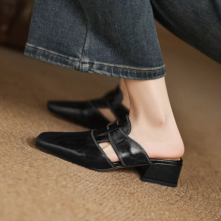 Women's Square Toe Block Heel Leather Mules with Cutout Strap