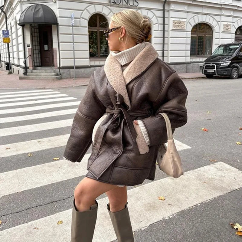 Women’s Belted Winter Jacket - Mid Length - Long Sleeve - Plush Lined - Structured Silhouette