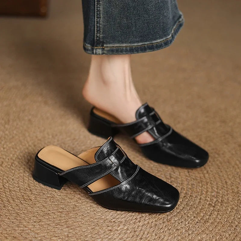 Women's Square Toe Block Heel Leather Mules with Cutout Strap