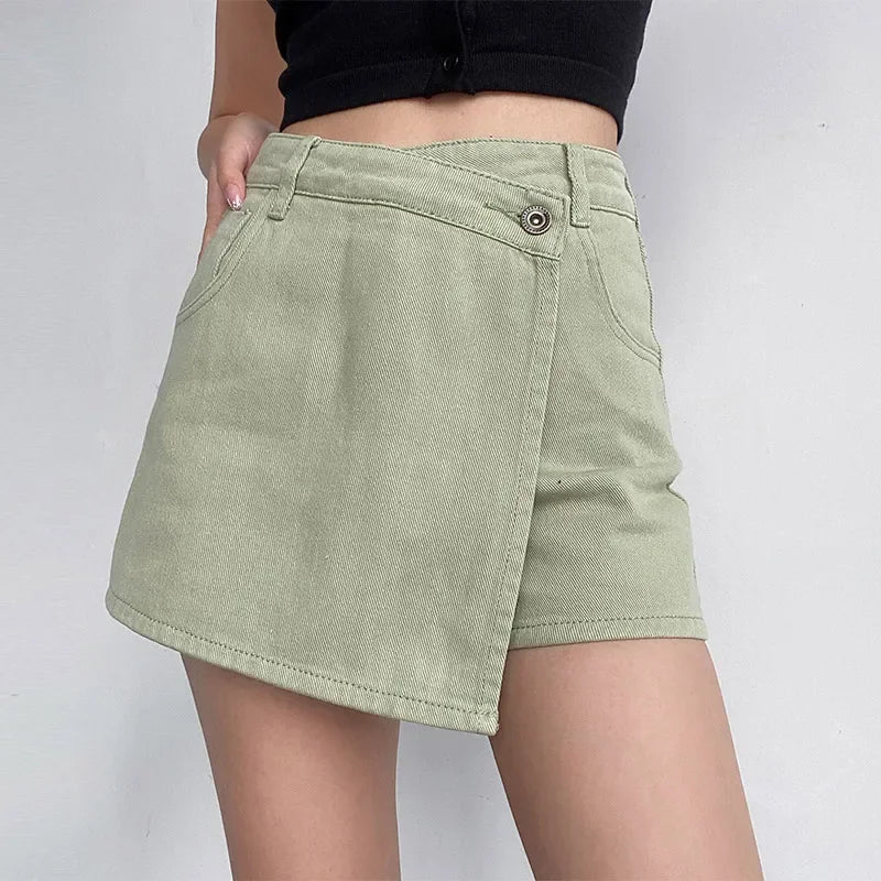 Women's High Waist Denim Skort with Asymmetric Wrap Front