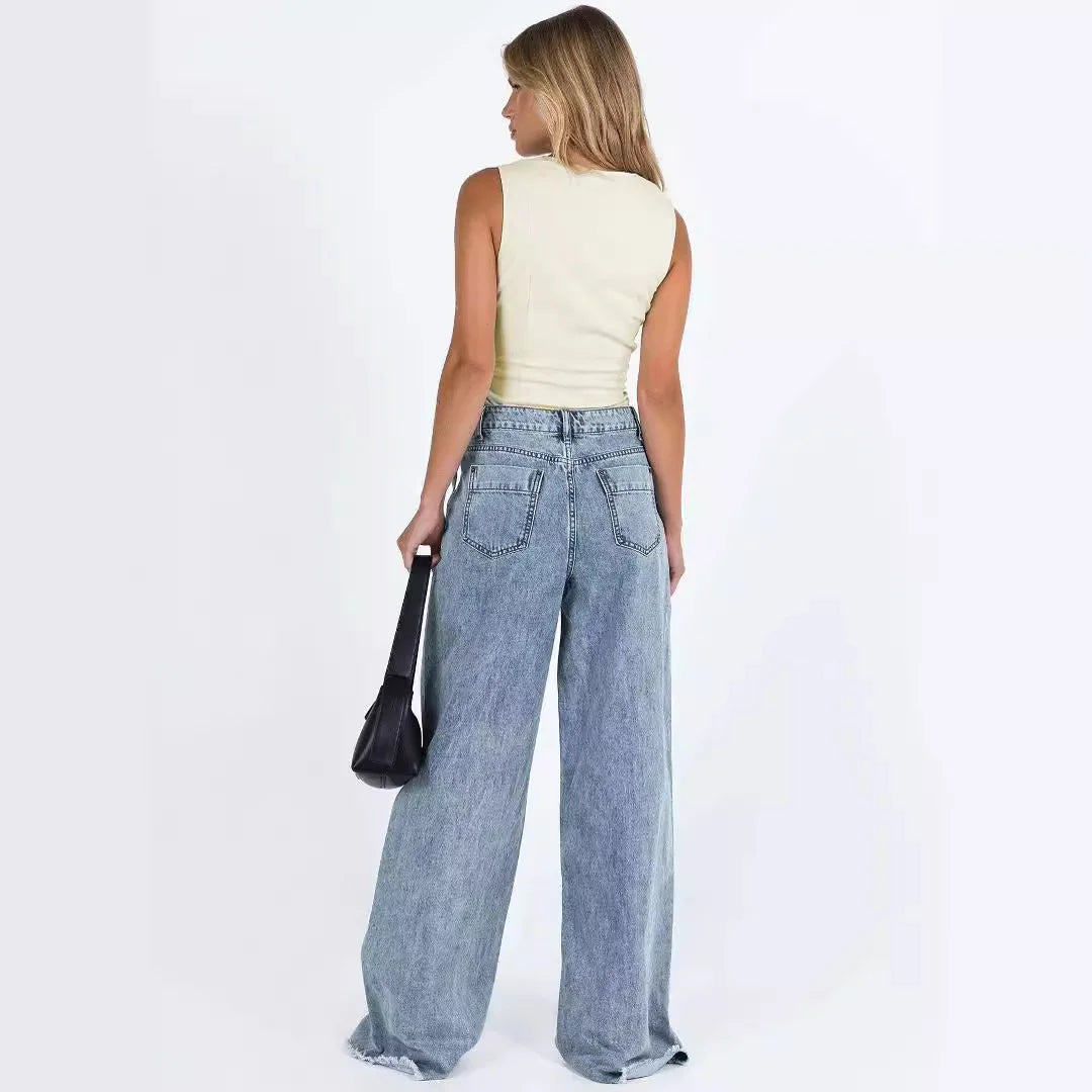 Women’s Wide Leg Jeans with High Waist Button Closure Five Pocket Design and Contrast Stitching