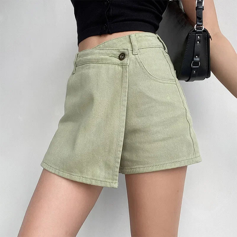 Women's High Waist Denim Skort with Asymmetric Wrap Front
