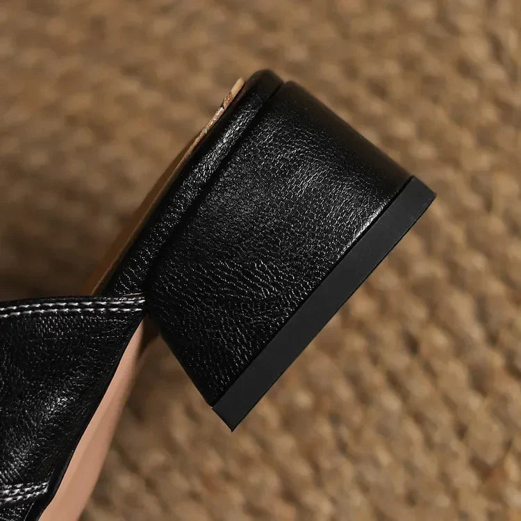 Women's Square Toe Block Heel Leather Mules with Cutout Strap