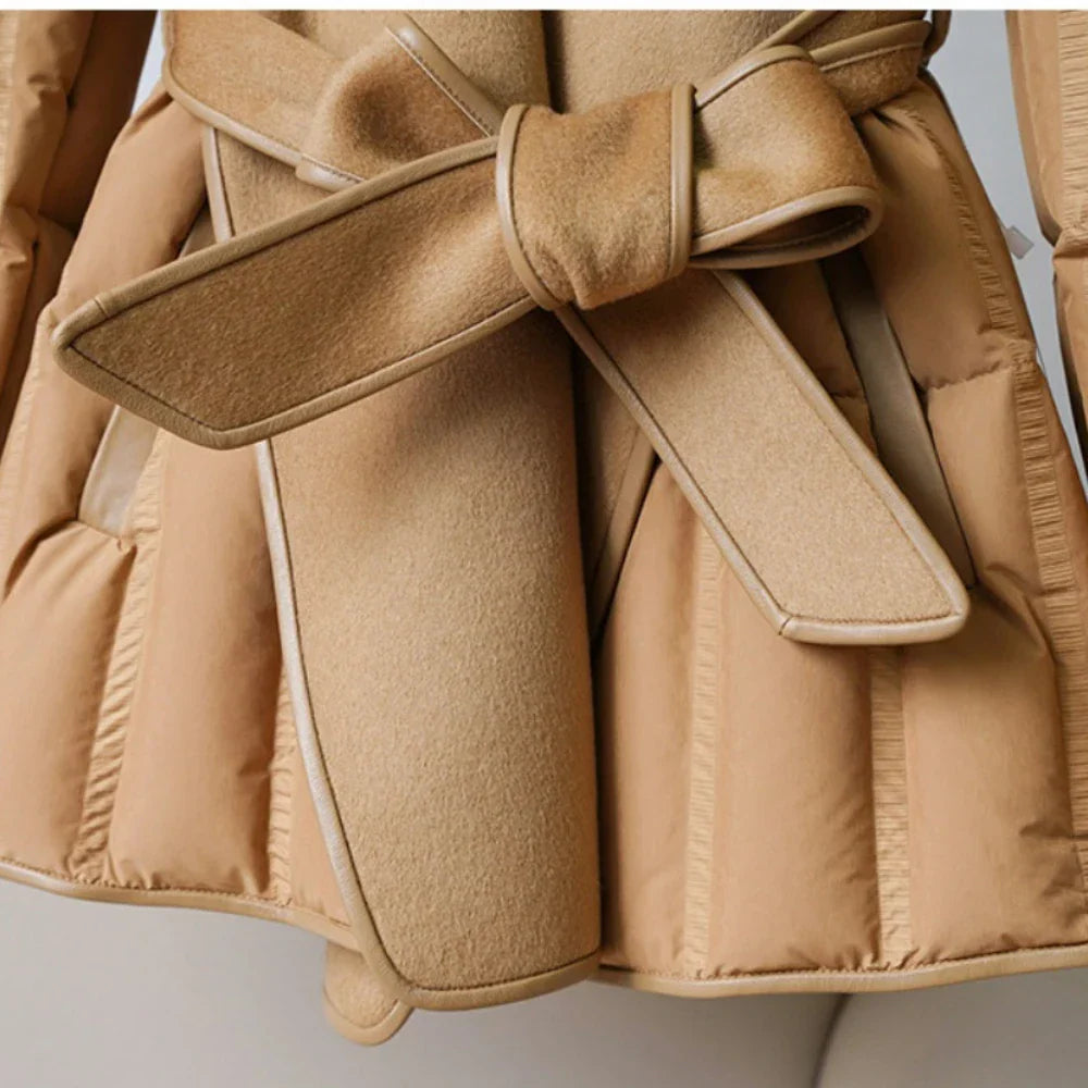 Women’s Belted Winter Down Jacket with Oversized Shawl Collar