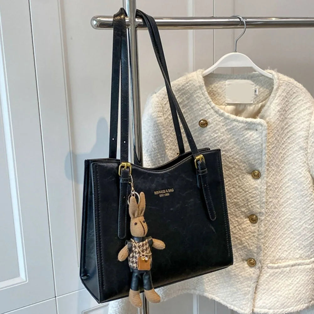Women's Structured Shoulder Tote Bag - Buckle Strap Detail with Bunny Charm and Gold-Tone Hardware