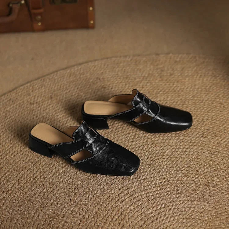 Women's Square Toe Block Heel Leather Mules with Cutout Strap