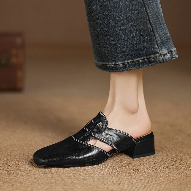 Women's Square Toe Block Heel Leather Mules with Cutout Strap