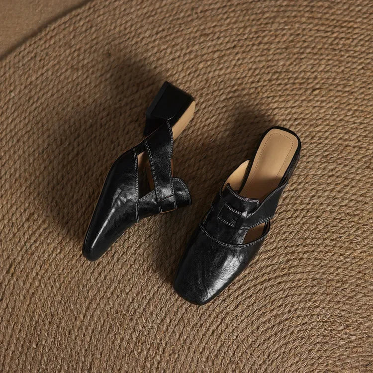 Women's Square Toe Block Heel Leather Mules with Cutout Strap