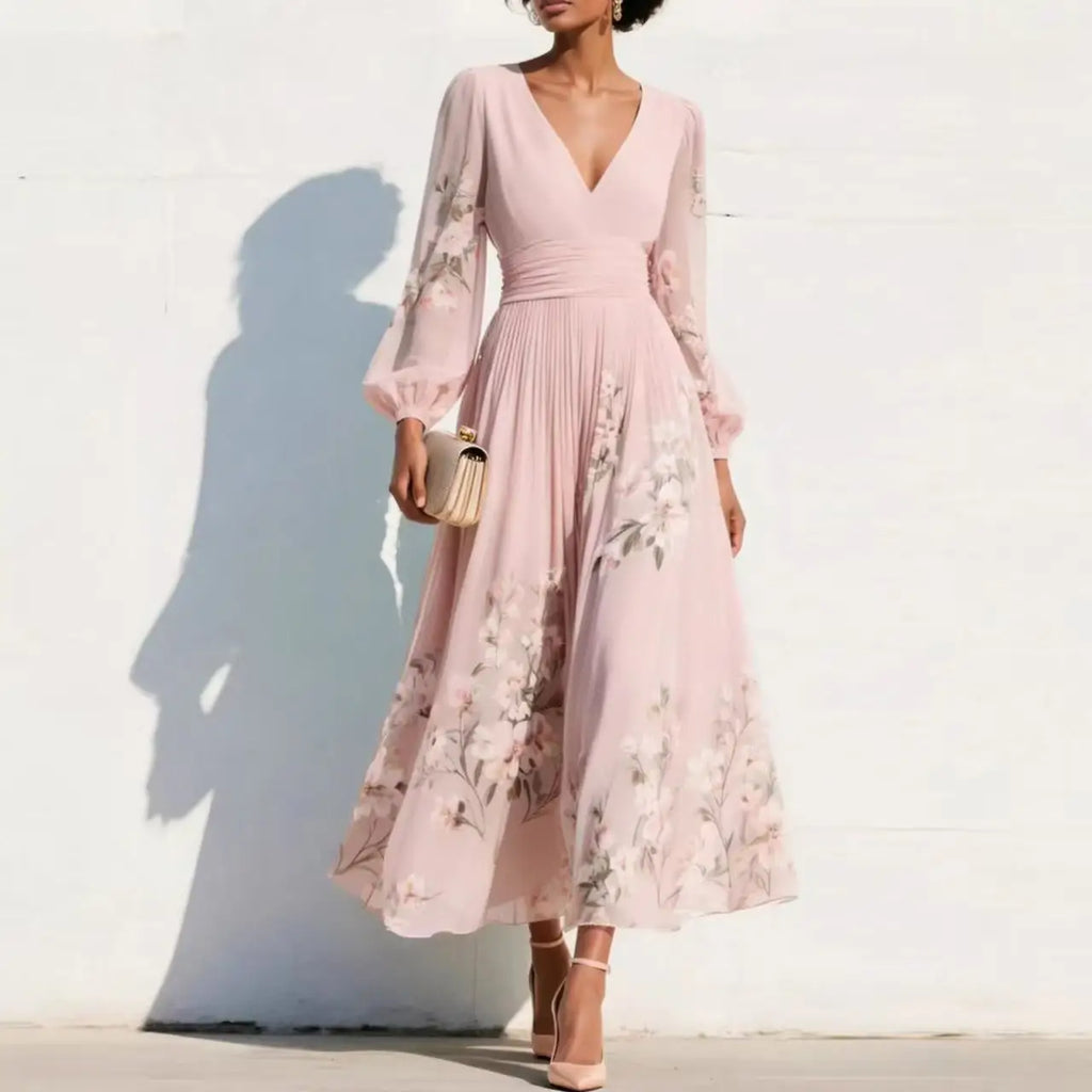 Women's Floral Border Print Maxi Dress - V-Neck Bishop Long Sleeves