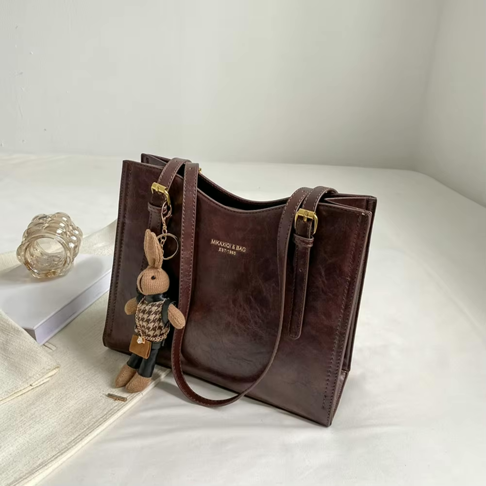Women's Structured Shoulder Tote Bag - Buckle Strap Detail with Bunny Charm and Gold-Tone Hardware
