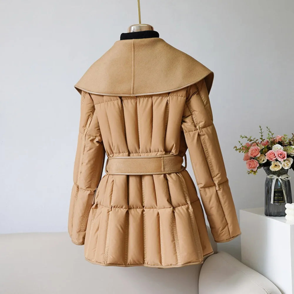 Women’s Belted Winter Down Jacket with Oversized Shawl Collar