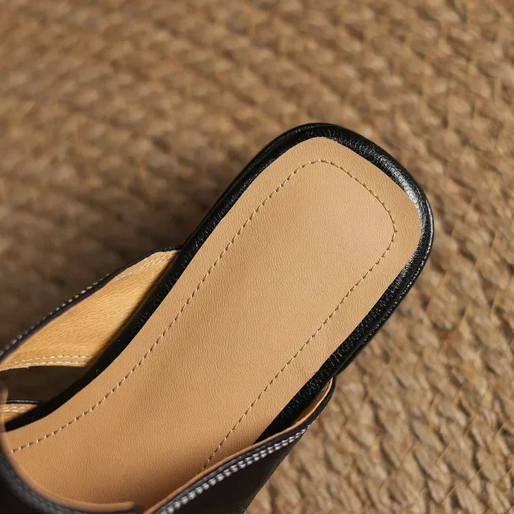 Women's Square Toe Block Heel Leather Mules with Cutout Strap